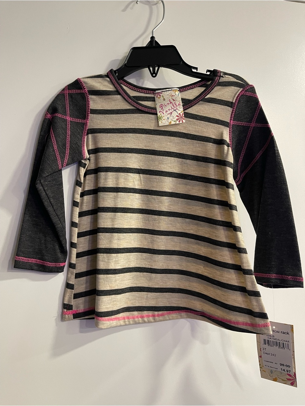 Pink Vanilla New Striped Cream & Black Long-Sleeve Kids Top with Pink Stitching